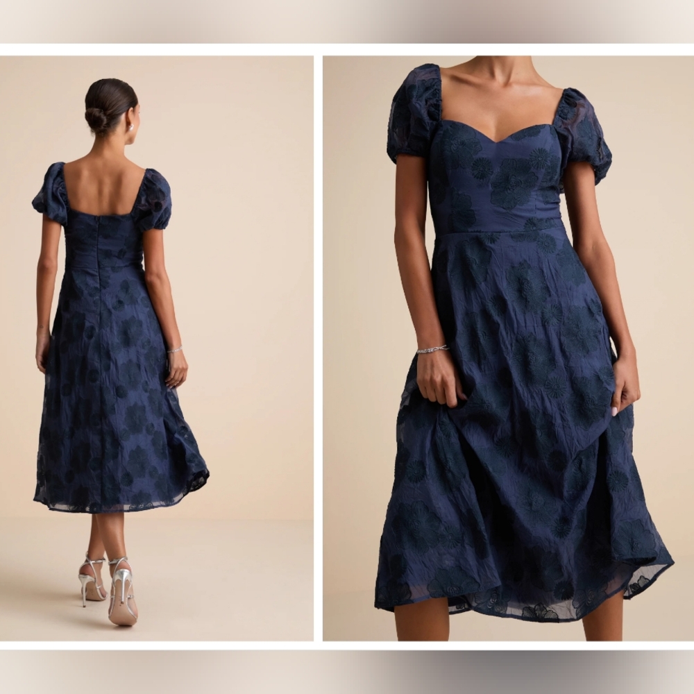 Lulus Sweetest Behavior Navy Embroidered Puff Sleeve Midi Dress, Size M